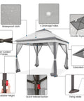 Easy Up 11x11 Pop Up Gazebo Shelter with 2 tier roof and mesh netting, showing waterproof cloth, drainage holes, and adjustable height