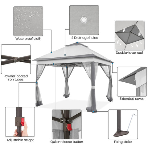 Easy Up 11x11 Pop Up Gazebo Shelter with 2 tier roof and mesh netting, showing waterproof cloth, drainage holes, and adjustable height
