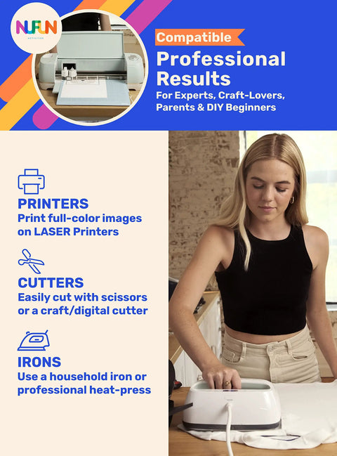 Woman using iron with Laser Printable Iron On Transfer Paper For Light Fabrics 8.5x11 Inches, 20 Sheets, Made In USA, Easy Custom Tees