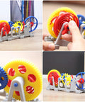 Close-up of 3D Printed Tourbillon Escapement Clock Model With Manual Assembly And Wind Up Movement showing colorful gears.