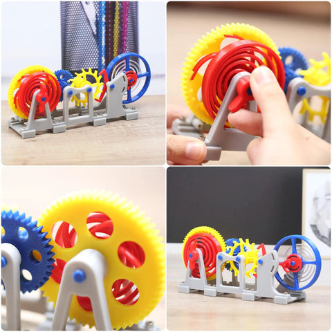 Close-up of 3D Printed Tourbillon Escapement Clock Model With Manual Assembly And Wind Up Movement showing colorful gears.
