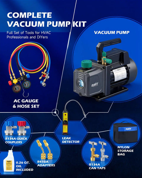4.5 CFM AC Vacuum Pump And Gauge Set With 4 Way Manifold, Color Coded Hoses, Electronic Leak Detector, R134a R22 R410a Taps And Quick Couplers, Vacuum Oil, And A Beast Carrying Case For Auto And Home HVAC Evacuation kit