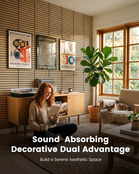 Heavy Duty Peel And Stick Acoustic Wall Tiles 12 Pack Sound Absorbing Panels enhancing a cozy living room with art and greenery.