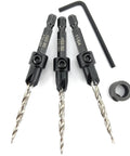 Number Eight Wood Countersink Drill Bit Pro Grade Three Piece Kit With Adjustable Depth Guide, includes 11/64 inch bits and hex wrench.