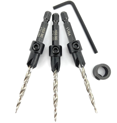 Number Eight Wood Countersink Drill Bit Pro Grade Three Piece Kit With Adjustable Depth Guide, includes 11/64 inch bits and hex wrench.