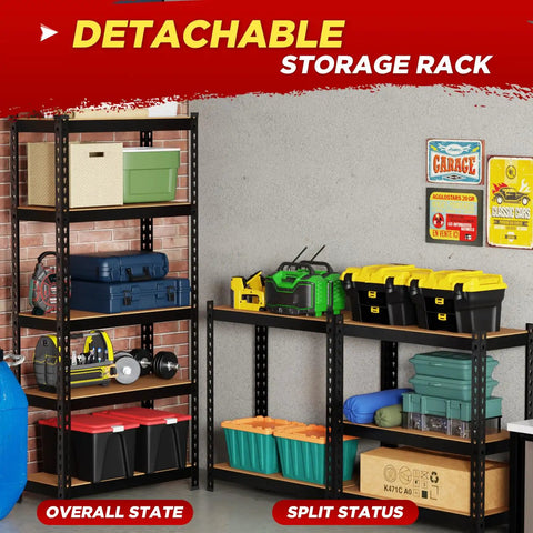 Heavy Duty 5 Tier Garage Storage Shelving Unit With Adjustable Shelves Built Tough For Workshop Basement Kitchen Pantry And Warehouse Holds Up To 386 Lb Per Shelf Total 1930 Lb Capacity, split and overall view