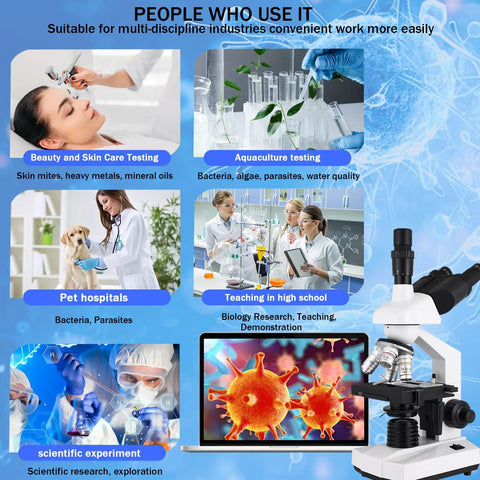 Trinocular Compound Microscope With 40X To 5000X Magnification, Pro Grade Research Microscope With USB Camera In Various Settings