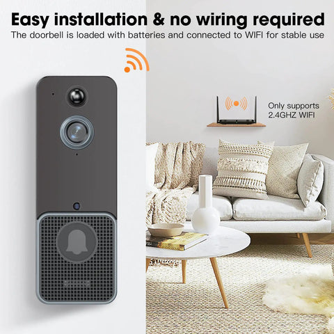 Wireless WiFi Video Doorbell Camera With Chime And 2 Way Audio displayed near a modern living room setting.