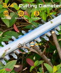 Cordless 20V Hedge Trimmer With 20 Inch Dual Action Blades cutting shrubs, showcasing jam-free, smooth, thick cut features.