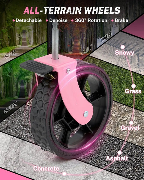Pink detachable wheel of 38 Inch Long Foldable Wagon Hauler With 360 Lb Load Capacity For Grocery Runs Camping And Beach Trips