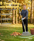 Man using Adjustable Leaf Rake For Lawn And Garden 18 Inch Wide Metal Head 62 Inch Extendable Handle Back Saving Yard Cleanup Tool