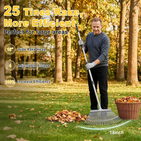 Man using Adjustable Leaf Rake For Lawn And Garden 18 Inch Wide Metal Head 62 Inch Extendable Handle Back Saving Yard Cleanup Tool
