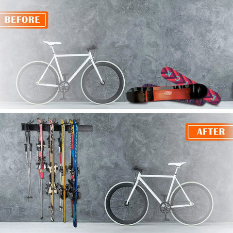 Before and after using 24 Inch Wall Mounted Ski Rack With 10 Storage Attachments Holds Up To 300lbs Heavy Duty Powder Coated Steel.