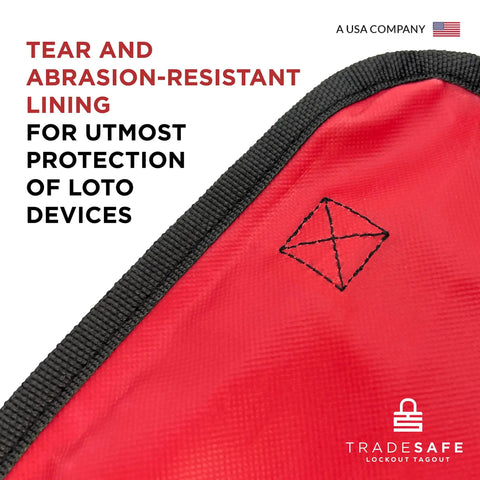 Heavy Duty Lockout Tagout Bag for LOTO Devices with tear-resistant red polyester canvas close-up view