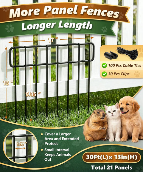 No Dig Animal Barrier Fence Panels Set, 30 Pack, 42.5 Ft Coverage, 4.2mm Heavy-Duty Welded Metal Fencing For Garden, Yard, Rabbits And Dogs, Anti Digging Border Edging For Outdoor Use, showing dimensions and installation accessories.