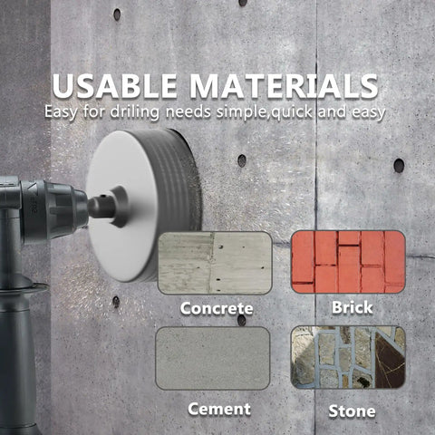 Pro Grade 22 Pieces Concrete Hole Saw Kit Built Like A Tank With Tungsten Steel Carbide Cutting Heads on concrete wall.