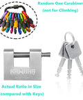 Stainless Steel D Shaped Padlock With Key For Garage Doors Containers Sheds Lockers And Warehouses All Weather Built Tough Heavy Duty Security Pack Of Four Keyed Alike Three And One Eighth Inch Shackle with keys and colorful carabiners.