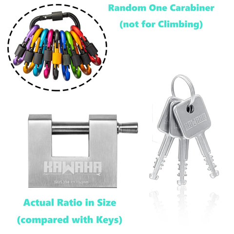 Stainless Steel D Shaped Padlock With Key For Garage Doors Containers Sheds Lockers And Warehouses All Weather Built Tough Heavy Duty Security Pack Of Four Keyed Alike Three And One Eighth Inch Shackle with keys and colorful carabiners.