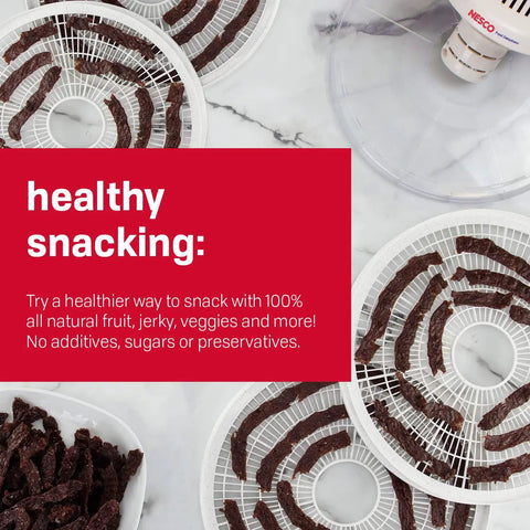 Snag This Badass Hella Reliable Four Tray Food Dehydrator For Herbs Fruit And Beef Jerky With Even Heat Distribution And Clear Top Viewing In Speckled White, with jerky drying on trays.