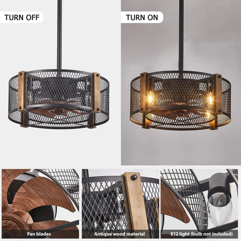 17 Inch Farmhouse Ceiling Fan With Lights Cage Style Bladeless Look Remote Control, showing on and off modes, metal mesh design.