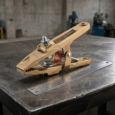 Heavy Duty Brass Welding Ground Clamp For Stick Mig Tigs And Cutting Tasks With Secure Locking Set Screws For Solid Earth Wire Connection In Professional Shop Settings on a workshop table.