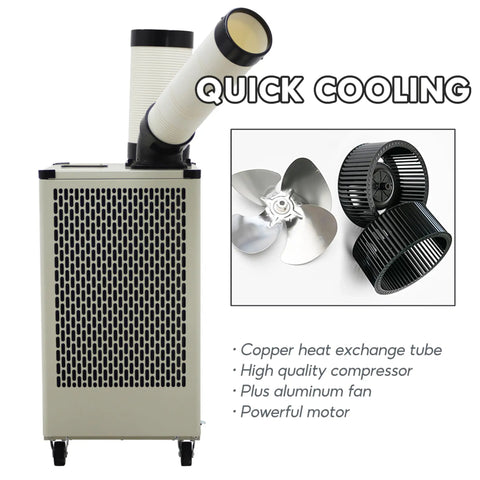 Built Tough 9180 BTU Industrial Spot Cooler And Portable Air Conditioner With High Airflow Single Outlet for quick cooling, featuring copper coil and fan.