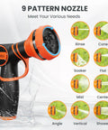 Giraffe Tools 9 pattern nozzle with various spray settings and ergonomic handle in orange and black.