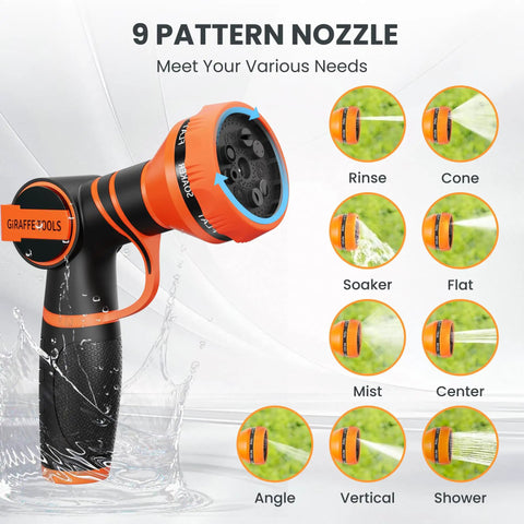 Giraffe Tools 9 pattern nozzle with various spray settings and ergonomic handle in orange and black.