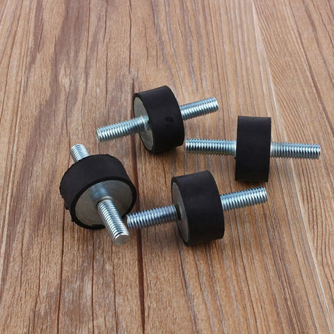 Rubber Mount Anti Vibration Isolator Kit, Metal Bonded Threaded Dampers For Air Compressors, Engines, Pumps And Welding Equipment, Shock Absorption And Noise Reduction, 4 Pack, four black rubber mounts with threaded studs on wood