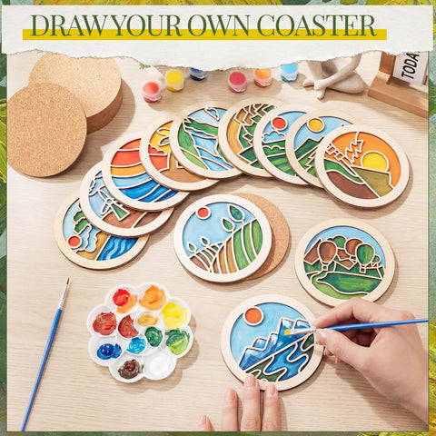 12 Pcs Wooden Coasters Craft Kit Paint Your Own Coaster Set With Landscape Prints For Adults And Beginners Diy Coaster Kit