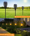 Solar Tiki Torch Lights With Flickering Flame Outdoor LED Lamp Waterproof For Yard Patio Garden And Porch Landscape Decor Solar Powered Lights For Vibe Lighting showcasing automatic charging in the day and glowing at night.