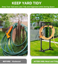 Before and after view of gardening area with heavy duty freestanding garden hose holder with stable base and tool hooks.