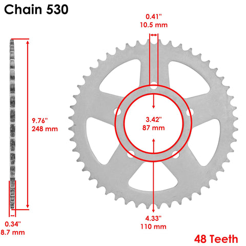 Drive Chain And Sprockets Kit For Suzuki VZ800 Marauder 1997 To 2004, 48 tooth rear sprocket dimensions shown