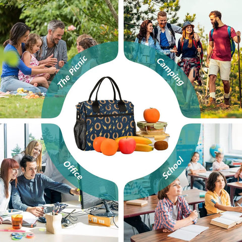 Horseshoe Lightning Bolt Insulated Lunch Box Bag Black Grab And Go Two Size Options Medium And Small Built To Last Nylon Exterior Pearl Cotton Insulation Spacious Lunch Cooler That Keeps Meals Fresh All Day Ideal For Work Or School, black insulated lunch bag with picnic, camping, office, school use