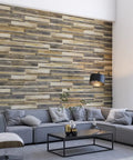 Teak Wood 3D Wall Panels Set Of 6 For DIY Accent Wall Midnight Mist Finish in modern living room.