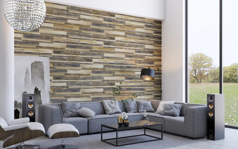 Teak Wood 3D Wall Panels Set Of 6 For DIY Accent Wall Midnight Mist Finish in modern living room.