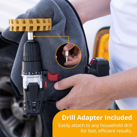Person holding drill with 4 Inch Decal Remover Eraser Wheel For Cars And Boats Remove Stickers Adhesive Vinyl Pinstripes