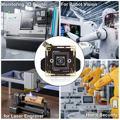 12MP Auto Focus USB Camera Module For PC And Laptop With 4K 30fps And 1080P 60fps UVC USB Two Point Zero Webcam Board Great For Streaming And Vid Calls Industrial Machine Vision IMX362 Sensor PDAF camera displayed, surrounded by various industrial applications like 3D printing, robotics, laser engraving, and home security.