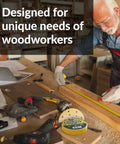 Heavy Duty Double Sided Woodworking Tape 1 Inch Wide 60 Feet Per Roll with woodworker using tools in workshop.