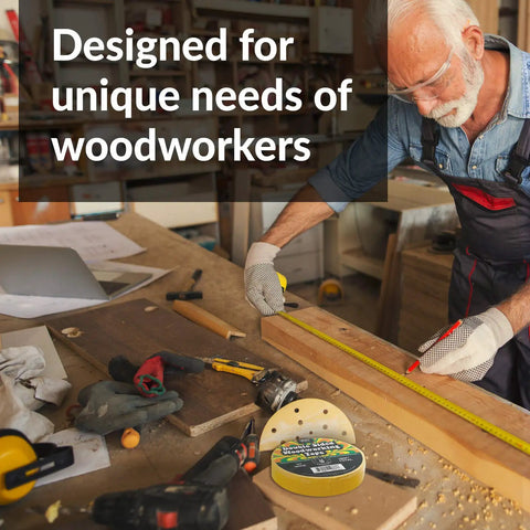 Heavy Duty Double Sided Woodworking Tape 1 Inch Wide 60 Feet Per Roll with woodworker using tools in workshop.