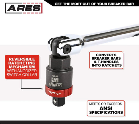 3/8-Inch Drive Ratcheting Breaker Bar Adapter Converts Breaker Bar Or Sliding T-Handle Into a 24-Tooth Ratchet with labels.