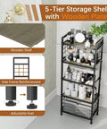 Total Game Changing Five Tier Pantry Shelving With Chunky Wooden Boards And Heavy Duty Adjustable Wire Grids And Super Sturdy Storage Rack For Kitchen Closet Or Laundry Room Setup In Matte Black in bathroom with wooden top and storage items.