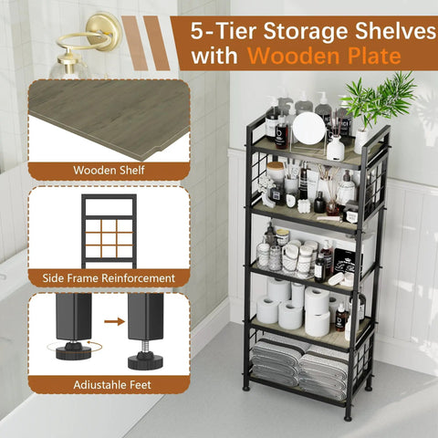 Total Game Changing Five Tier Pantry Shelving With Chunky Wooden Boards And Heavy Duty Adjustable Wire Grids And Super Sturdy Storage Rack For Kitchen Closet Or Laundry Room Setup In Matte Black in bathroom with wooden top and storage items.