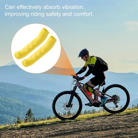 Cyclist on mountain bike with 1 Pair Silicone Brake Lever Covers For Mountain And Road Bikes Grippy Anti Slip Protector Waterproof Lightweight Handlebar Sleeve Durable Levers Protection White in focus