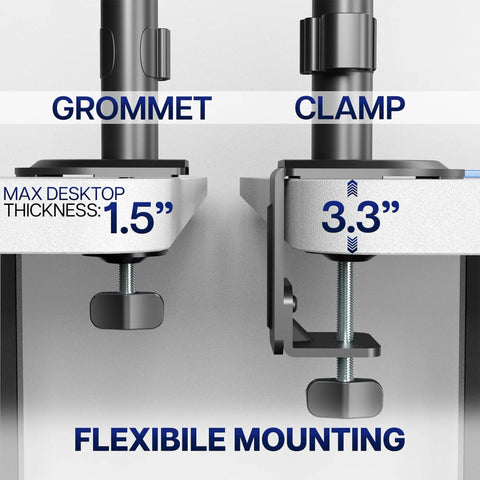 Extra Tall Dual Monitor Stand Swivels Smoothly For Screens Up To 32 Inches showing grommet and clamp with max thickness details.