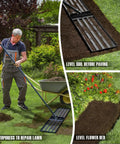 Heavy Duty 45 Inch Lawn Leveling Rake With 72 Inch Handle used on soil, grass, and flower bed for yard maintenance.