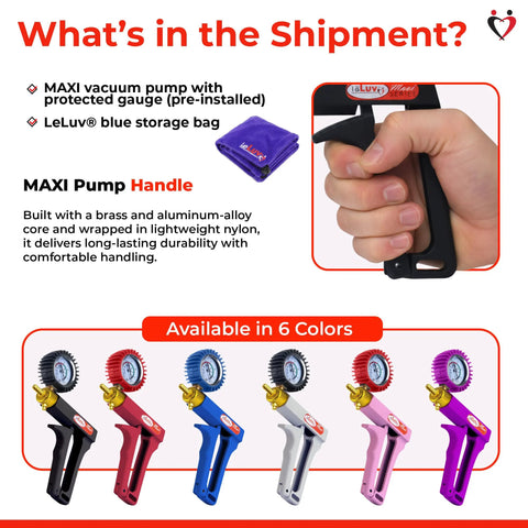 Infographic of LeLuv Maxi Vacuum Pump kit: manual hand pump with gauge and blue storage bag; six colored pumps (black, red, blue, gray, pink, purple).