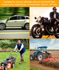 Gasoline siphon hand pump with two PVC hoses; collage of four vehicles: car, motorcycle, lawn mower, tractor.