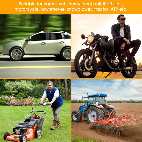 Gasoline siphon hand pump with two PVC hoses; collage of four vehicles: car, motorcycle, lawn mower, tractor.