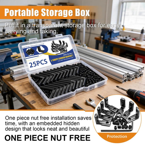 75 Pieces 2020 Aluminum Extrusion Black Corner Bracket Set with screws and storage box on workbench